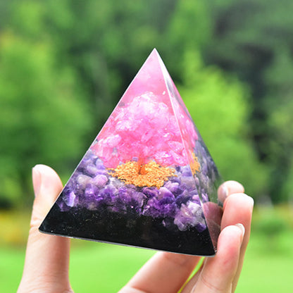 Tree of Life Amethyst Obsidian with Pink Crystal Orgone Pyramid