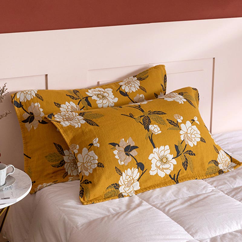 Yellow Flower Cotton Gauze Pillow Towel (2PCS)