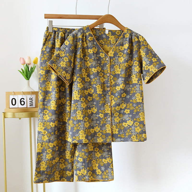Ownkoti Yellow Plum Flower V-neck Button Loungewear