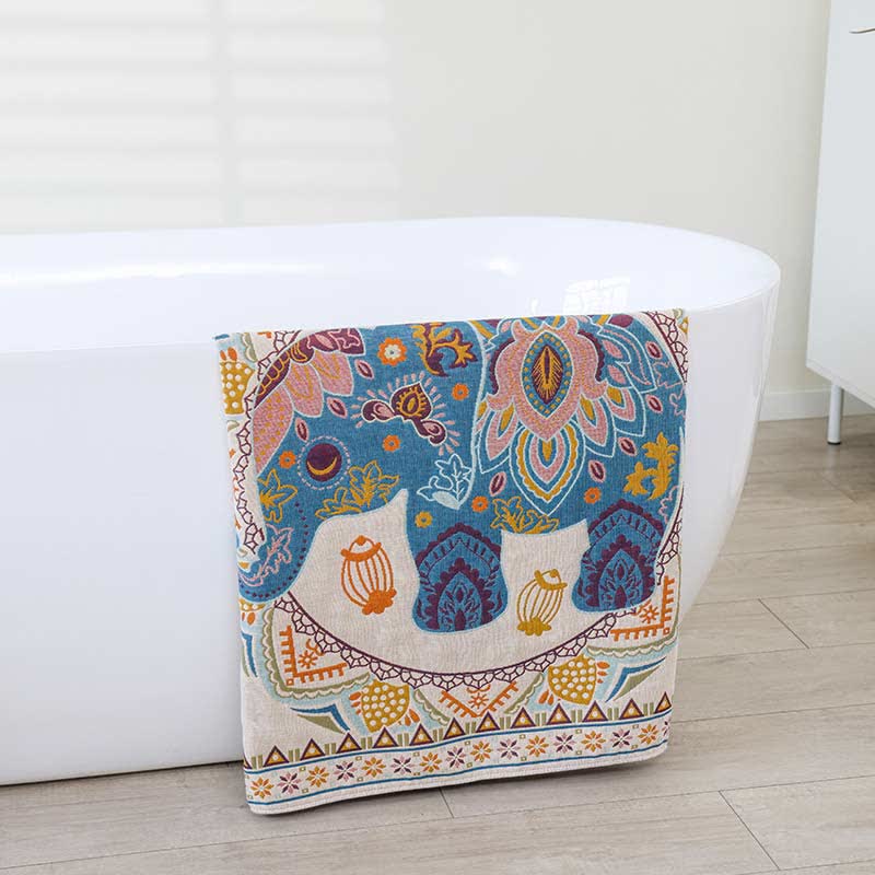 Elephant & Flower Cotton Reversible Bath Towel Towels Ownkoti Beige & Blue 80cm x 160cm