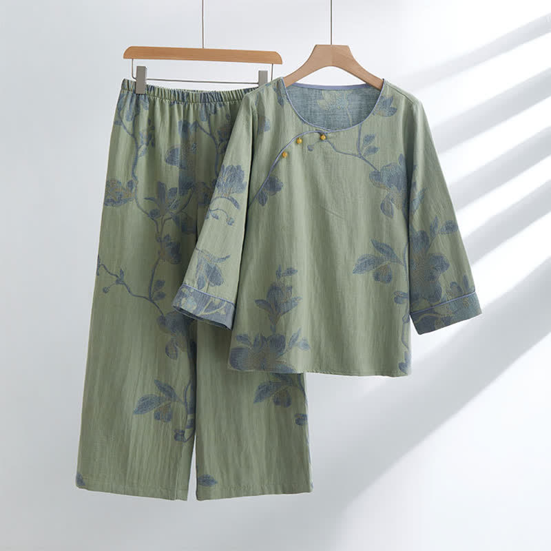 Floral Comfy Cotton Round-neck Loungewear Set Loungewear Ownkoti Green XL
