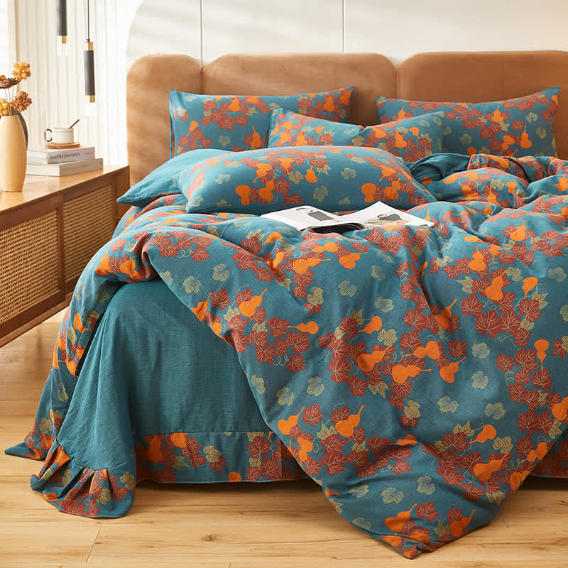 Gourd & Leaf Print Cotton Bedding Sets (4PCS) Bedding Set Ownkoti Blue & Orange King
