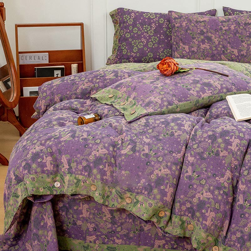 Boho Flower Purple Cotton Bedding Sets(4PCS) Bedding Set Ownkoti 3