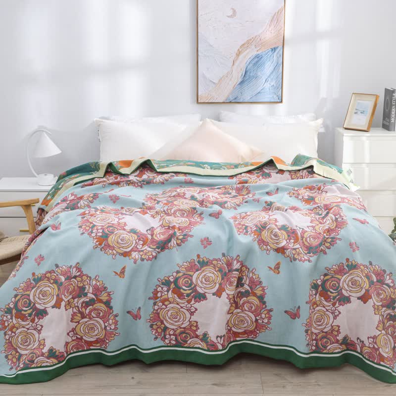 Luxurious Round Floral Pattern Cotton Quilt Quilts Ownkoti Blue & Green King
