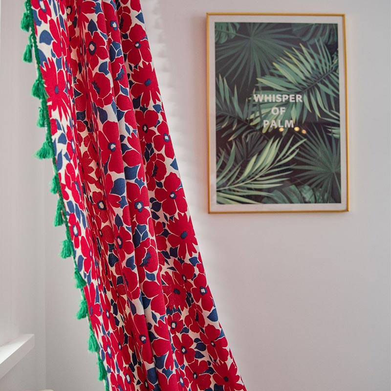 Red Flower Painting Style Light Filtering Curtain