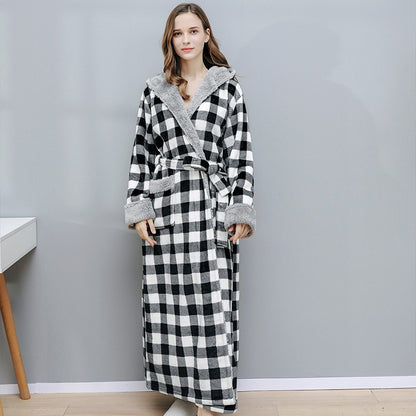 Checkerboard Hooded Fleece Long Bathrobe