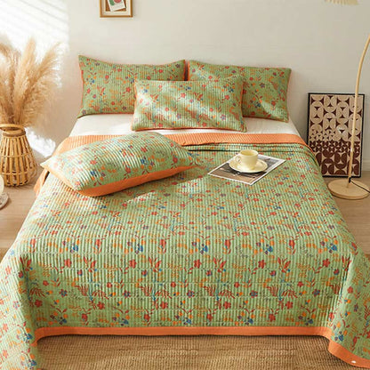 Floral Style Plaid Reversible Coverlet Blanket Coverlets Ownkoti Green & Orange 1PC Quilt with 2PCS Pillowcases King