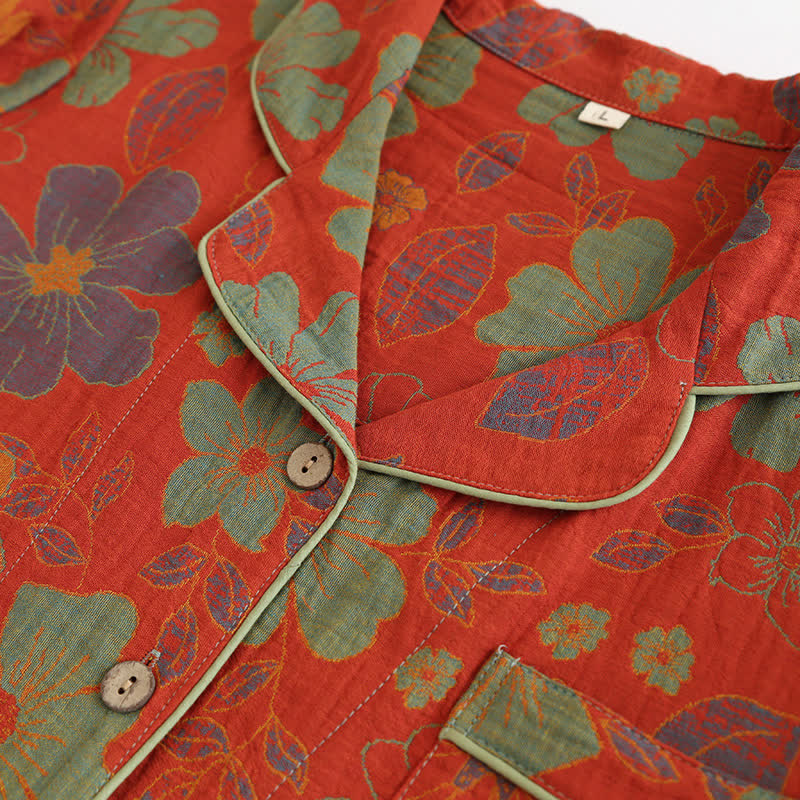 Colorful Flower Cotton Gauze Sleepwear Set