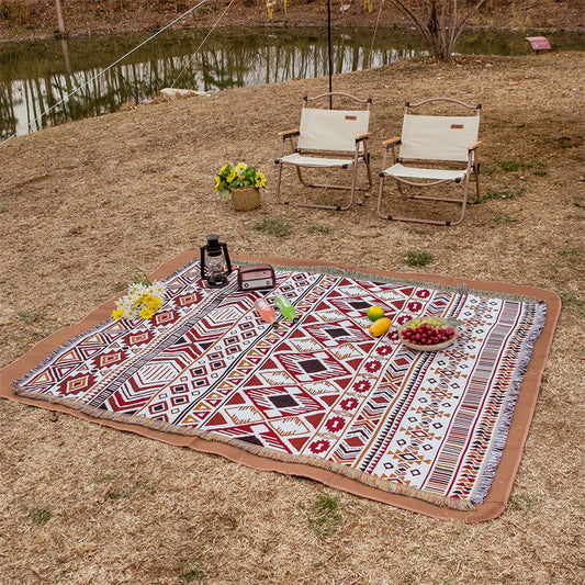 Bohemian Geometric Pattern Tassel Picnic Blanket Outdoor Ownkoti Red & White 51" x 71"