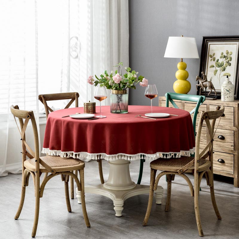 Christmas Round Tablecloth Washable Table Cover with Tassel