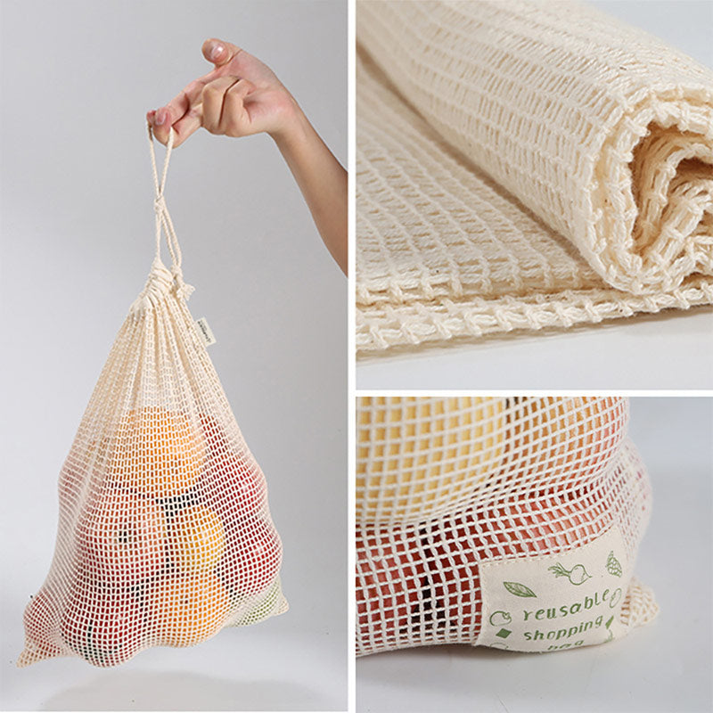Cotton Net Produce Bag Reusable Ecobag Drawstring Shopping Bag Set (6PCS)