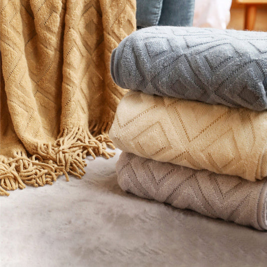 Simple Design Knitted Couch Tassels Blanket