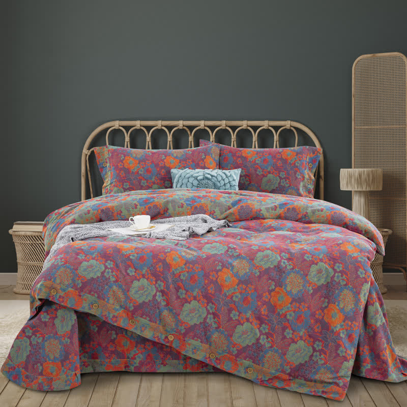 Retro Floral Button Cotton Bedding Sets (4PCS)