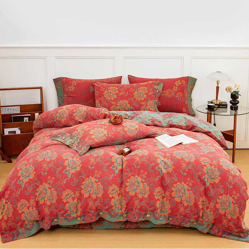 Flower Print Red Cotton Bedding Sets(4PCS) Bedding Set Ownkoti Button Red King