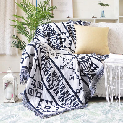 Geometric Pattern Knitted Blanket with Tassels