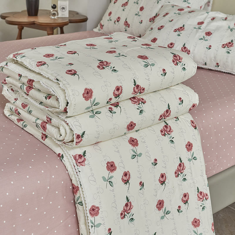 Floral Design Cotton Quilt Bedsheet & Pillowcases(4pcs) Bedding Set Ownkoti Quilt Beige Full