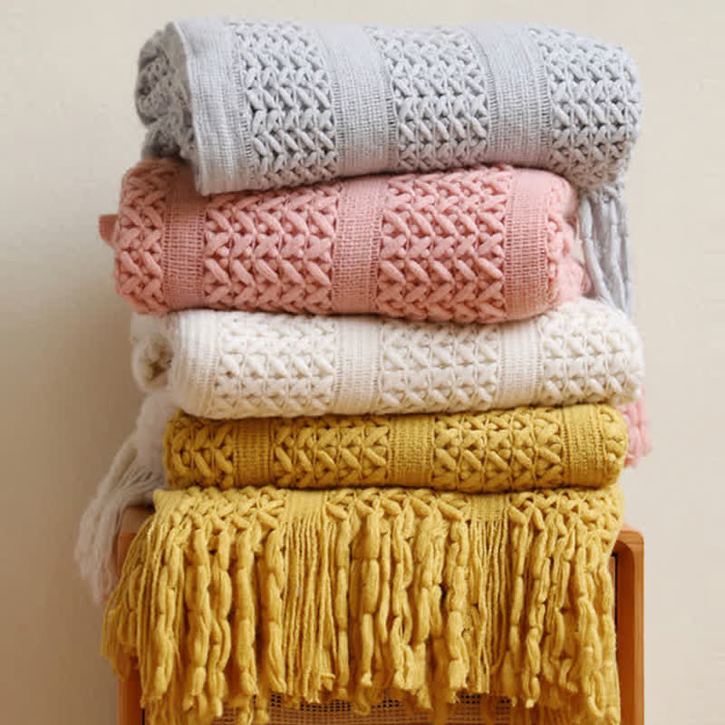 Solid Color Mesh Tassel Throw Blanket