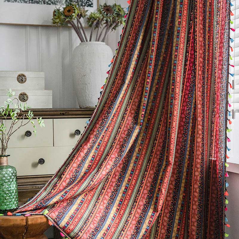 Colorful Tassel Curtain Light Filtering Drapes Curtains Ownkoti Red with Colorful Tassel Hook 59"W × 63"L