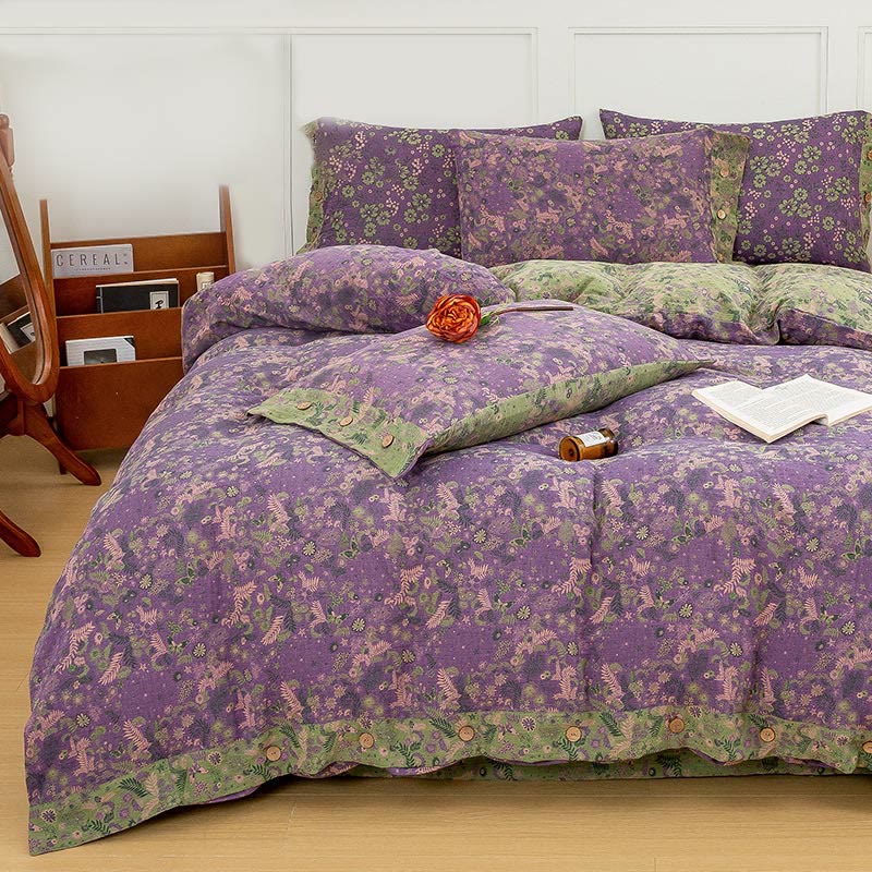 Boho Flower Purple Cotton Bedding Sets(4PCS) Bedding Set Ownkoti 1