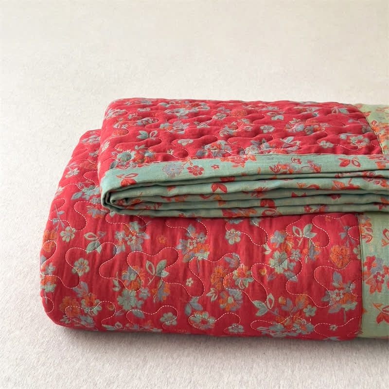 Organic Cotton Floral Bright Red Coverlet