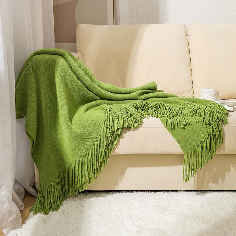 Simple Solid Color Tassel Throw Blanket Blankets Ownkoti Green 51" x 94"