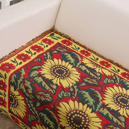 Bohemian Red Sunflower Tassel Knit Blanket