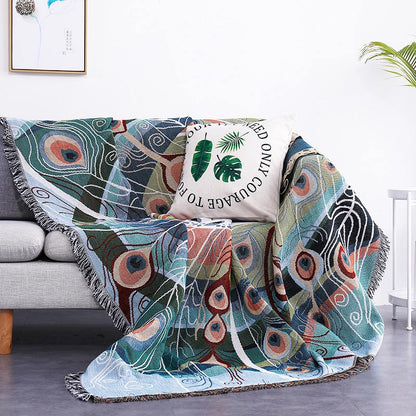 Peacock Print Tassel Reversible Blanket