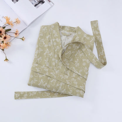 Simple Snowman Print  Cotton V-neck Bathrobe Loungewear Ownkoti Green XL