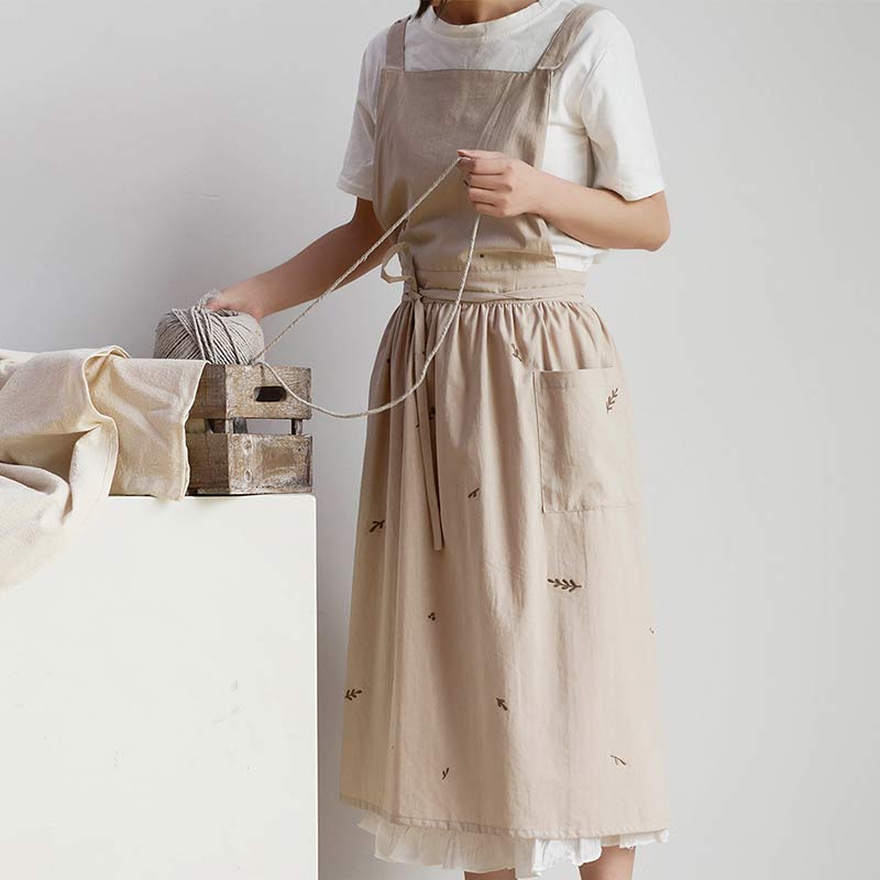 Cotton Flower Embroidered Apron With Pockets