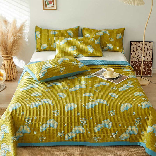 Retro Coverlet Blanket with Ginkgo Leaf Coverlets Ownkoti Green & Blue 1PC Quilt with 2PCS Pillowcases King