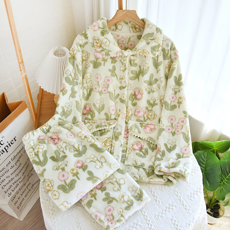 Floral Thick Soft Flannel Pajama Set