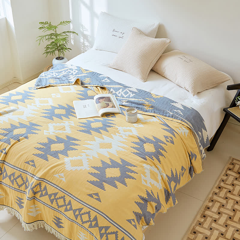 Geometric Pattern Reversible Quilt With Tassel