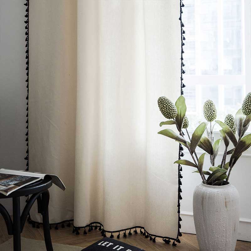 Ownkoti Cotton Linen Beige Curtain with Black Tassel – ownkoti