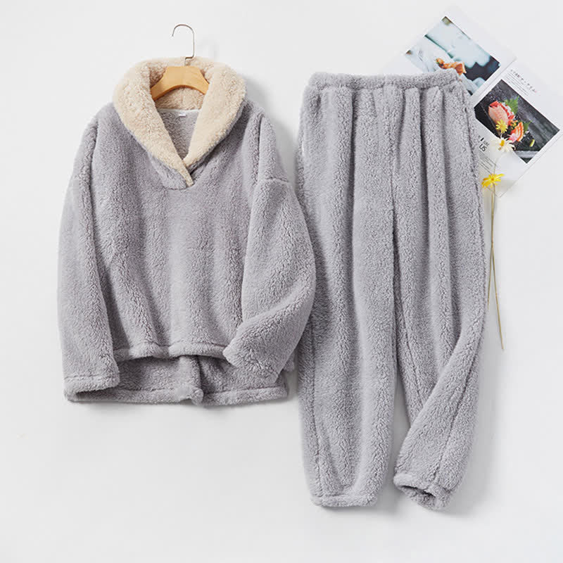 Ownkoti Simple V Neck Warm Winter Loungewear Set ownkoti