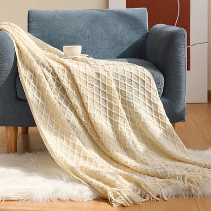 Knitted Prismatic Pattern Blanket with Tassels