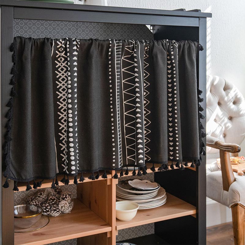 Black White Pattern Tassel Tier Curtain