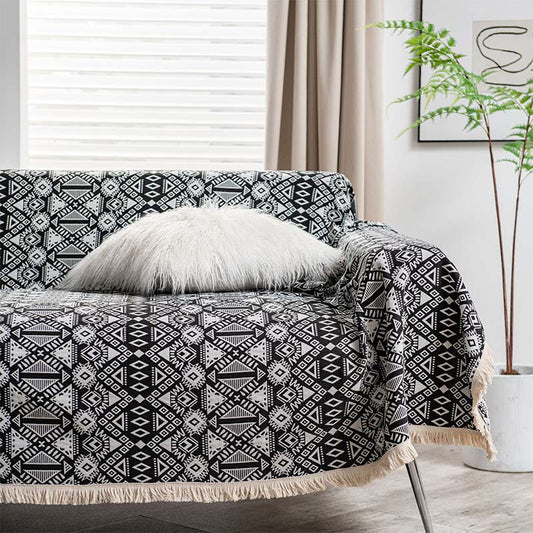 Black & White Geometric Tassel Sofa Protector