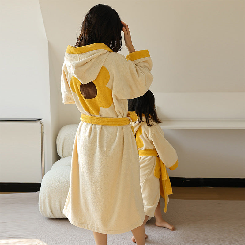 Flower Colorblock Cotton Hooded Bathrobe