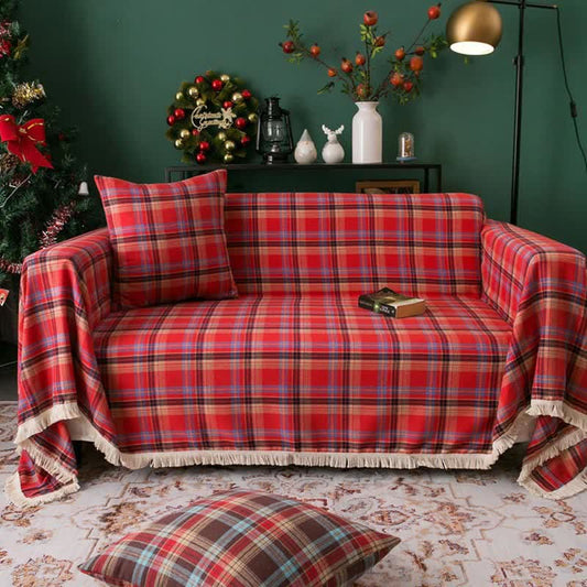 Ownkoti Classic Red Plaid Tassel Sofa Protector