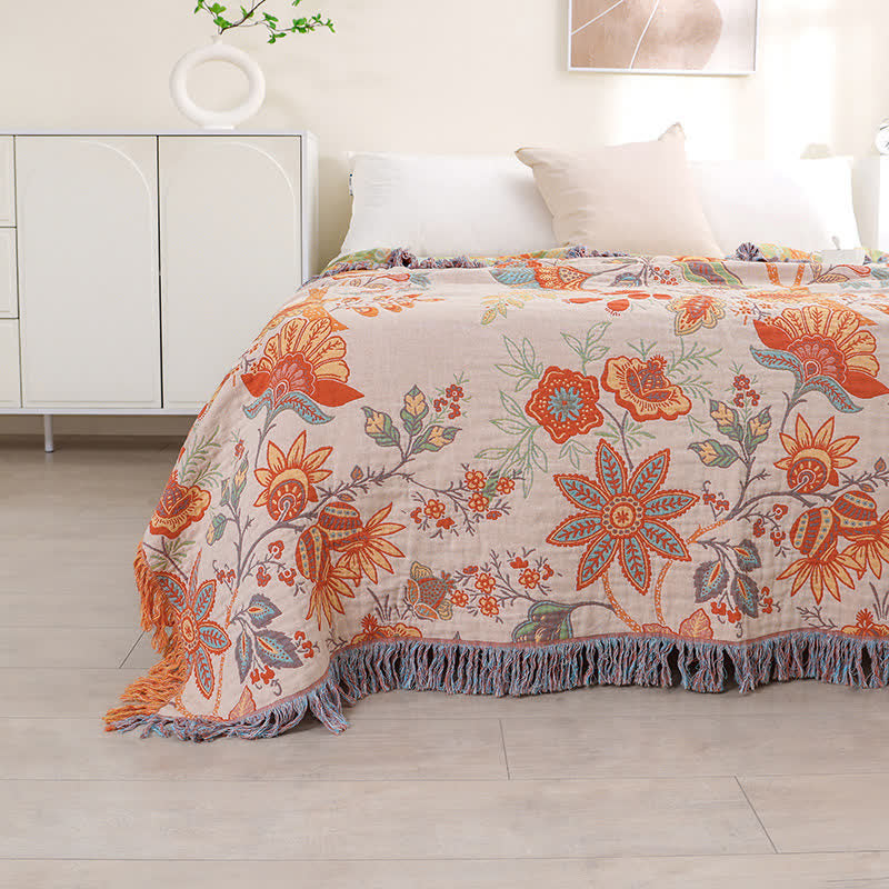 Cotton Gauze Floral Sofa Blanket with Tassel