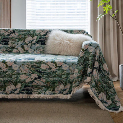 Lotus Flower Pattern Tassel Sofa Protector
