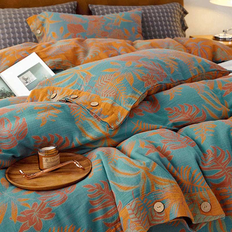 Leaf Button Duvet Cover Bedsheet & Pillowcases (4PCS) Bedding Set Ownkoti 4