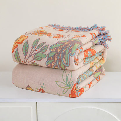 Cotton Gauze Floral Sofa Blanket with Tassel