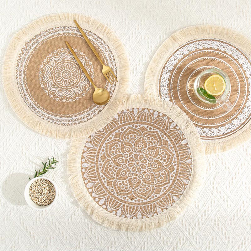 Woven Cotton Linen White Tassel Placemats Table Mats (3PCS)