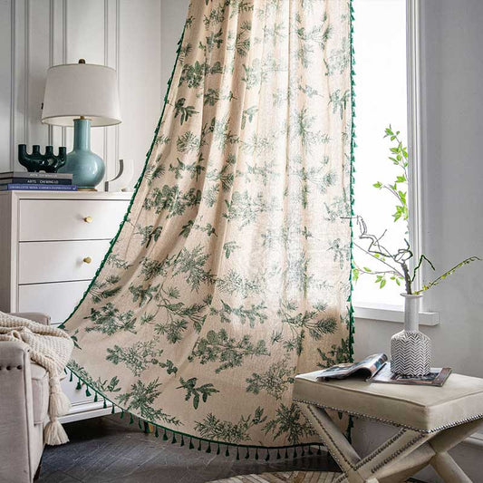 Green Pine Bird Pattern Tassel Curtain