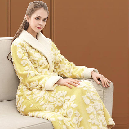 Ownkoti Flower Jacquard Fleece Pajama Long Bathrobe