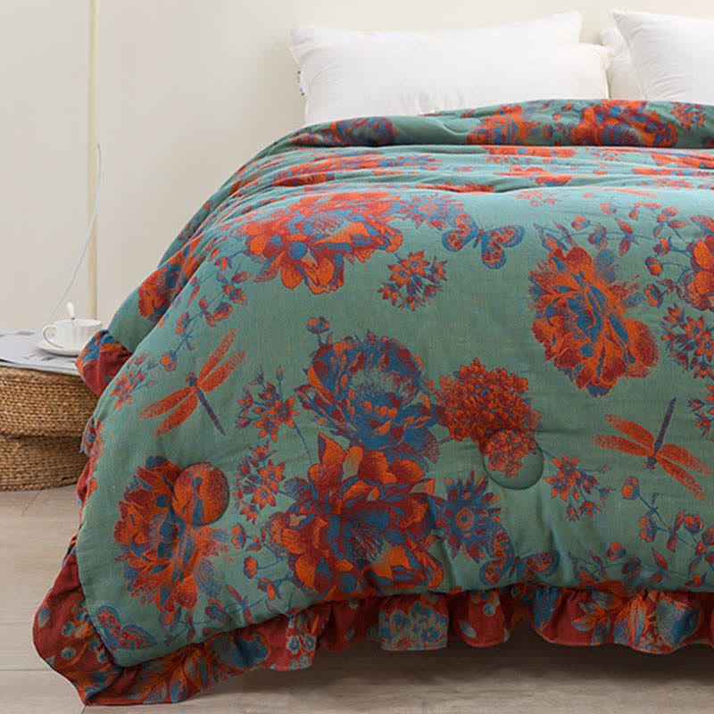 Peony & Dragonfly Print Breathable Cotton Quilt