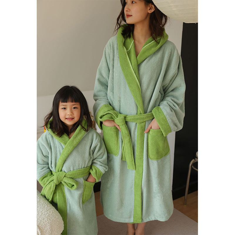 Flower Colorblock Cotton Hooded Bathrobe