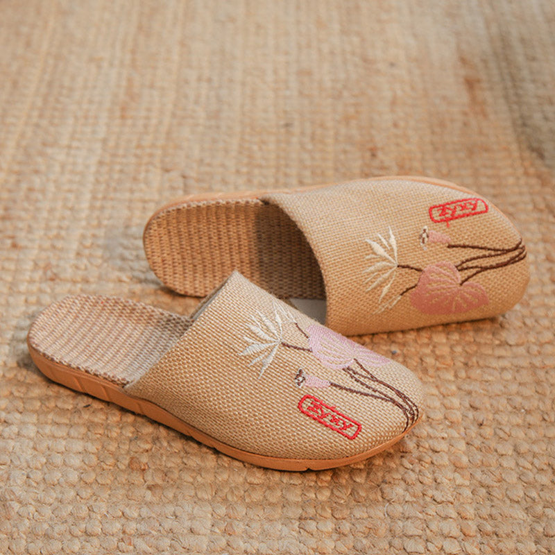 Retro Embroidered Lotus Flax Slippers