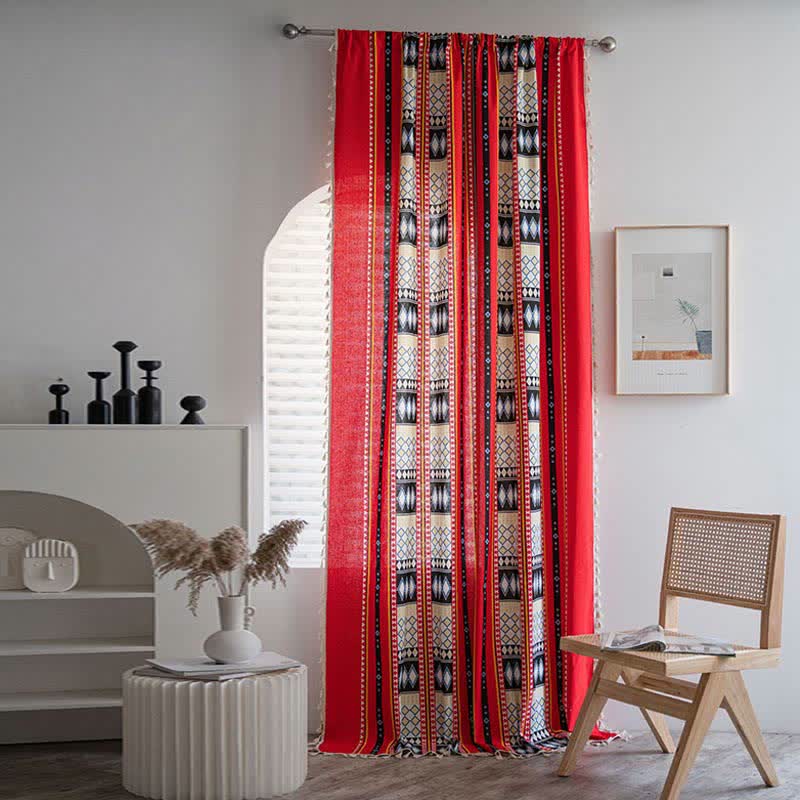 Ownkoti Red Pattern Tassel Light Filtering Curtain